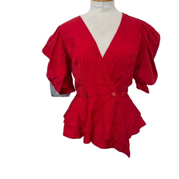 Vintage Tops - Vintage Mijoli Blouse Silk Puff Sleeves Iridescent Red Faux Wrap Top Sz 6